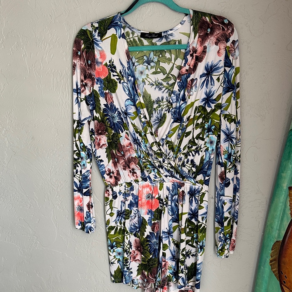 Honey Punch Green and Blue Floral Romper